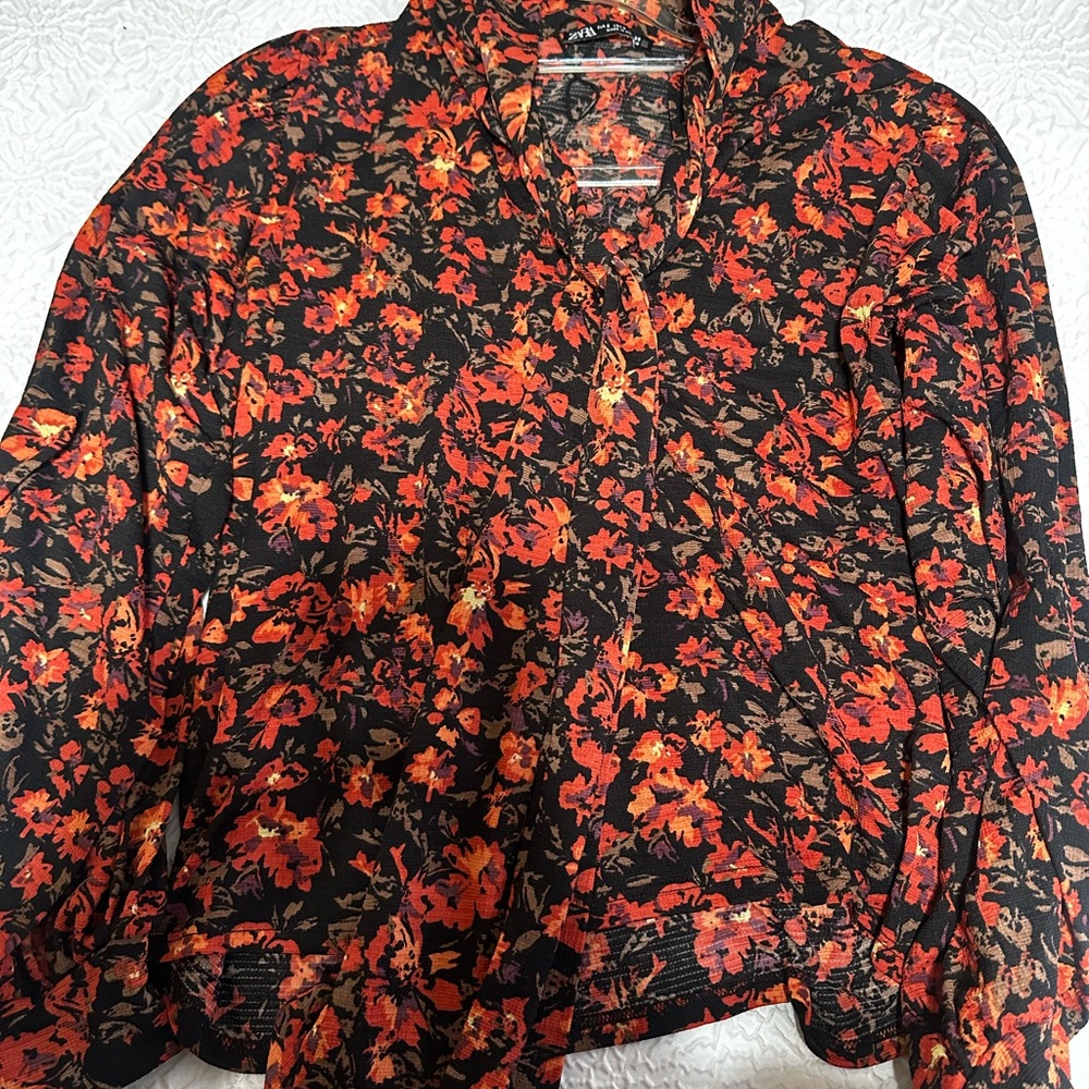 Zara Black and Red Floral Blouse